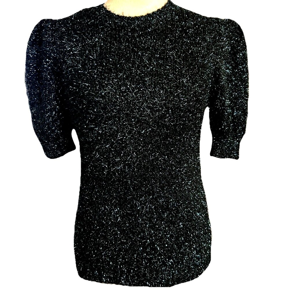 Rachel Zoe Womens M  Metallic Sparkly Puff Short Sleeves Black Blue Sweater Top